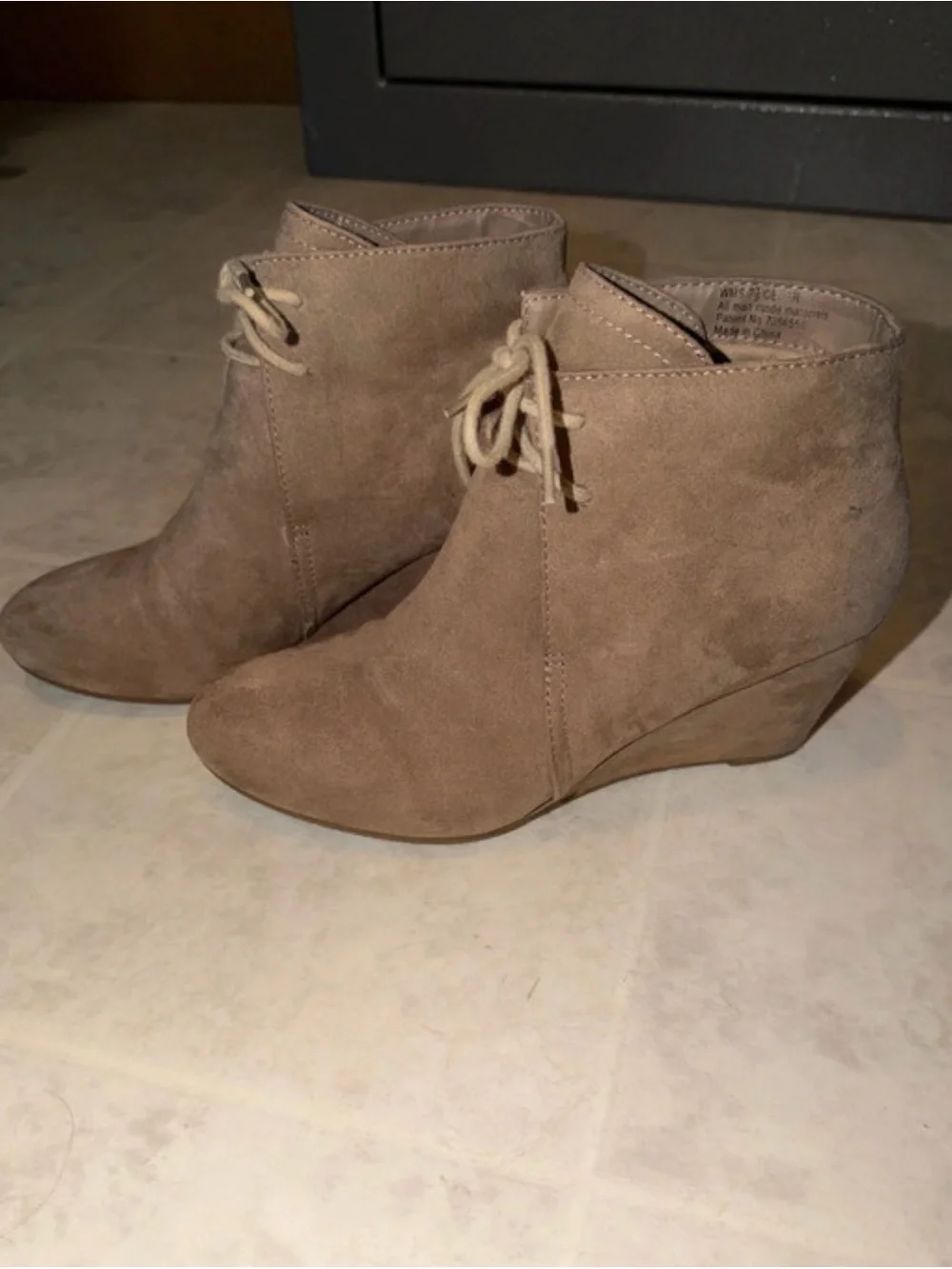 new directions Taupe Suede Lace-Up Ankle Wedge Booties